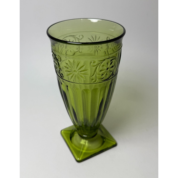 Vintage Indiana Glass Daisy Green Avocado 12oz Footed Tumbler Drinkware 1960s - Picture 2 of 4